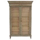 Light grey/green decorated display cabinet around 1850. H: 213cm. W: 139cm. D: 
36cm (top) / 25cm
