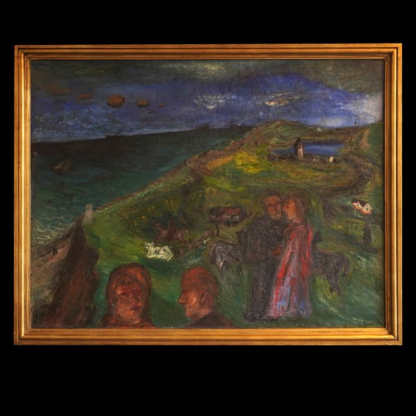 Jens Søndergaard, 1895-1957, oil on canvas. People and houses by the sea signed and dated 1928. Visbile size: 90x118cm. With frame: 101x129cm