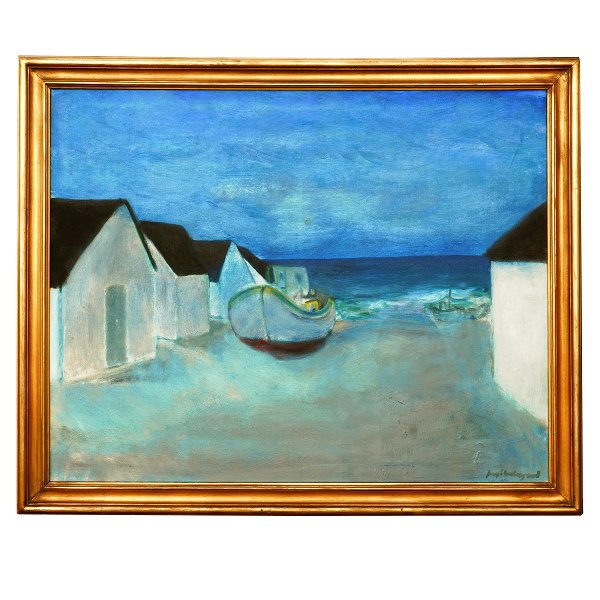 Jens Søndergaard, 1895-1957, Öl auf Leinen, Signiert. Boote am Strand. 
Lichtmasse: 78x99cm. Mit Rahmen: 92x112cm