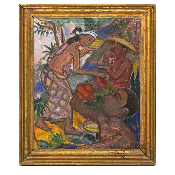 Harald Heiring, 1906-95, oil on paper. Signed and dated 1960. Motive from Bali. 
Visible size: 43x34cm. With frame: 53x44cm