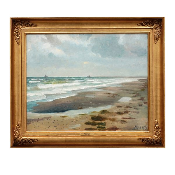 Michael Ancher, 1849-1927, Skagen, olie på lærred. "Udsigt over havet med 
Sejlere". Signeret og dateret 1893. Lysmål: 62x65cm. Med ramme: 68x81cm