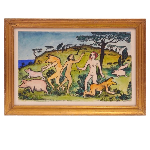 Hans Scherfig akvarel. Hans Scherfig, 1905-79, mixed median, akvarel og blæk. 
"Kirke forvandler Odysseus