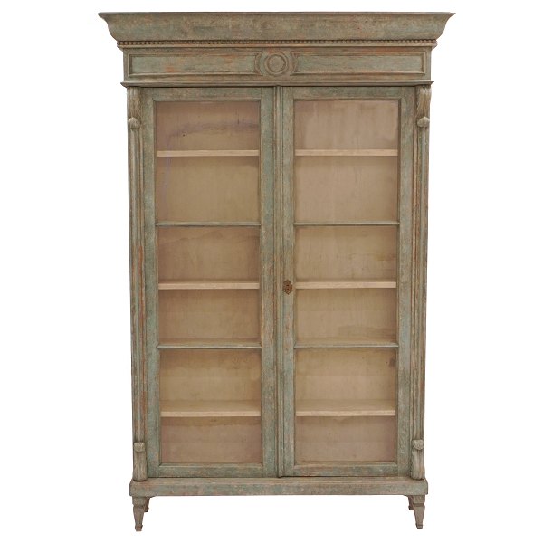 Light grey/green decorated display cabinet around 1850. H: 213cm. W: 139cm. D: 
36cm (top) / 25cm