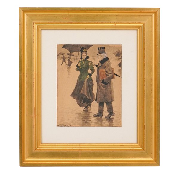 Paul Fischer akvarel. Paul Fischer, 1860-1934, Tusch og vandfarve. Spadserende 
par i regnvejr. Signeret Paul Fischer. Lysmål: 24x19cm. Med ramme: 46x41cm