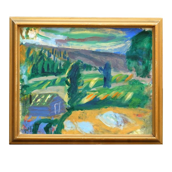 Erik Hoppe, 1896-1968, oil on canvas. Landscape, Leine, Søter, Norway 1948. Signed. Visible size: 56x68cm. With frame: 67x79cm