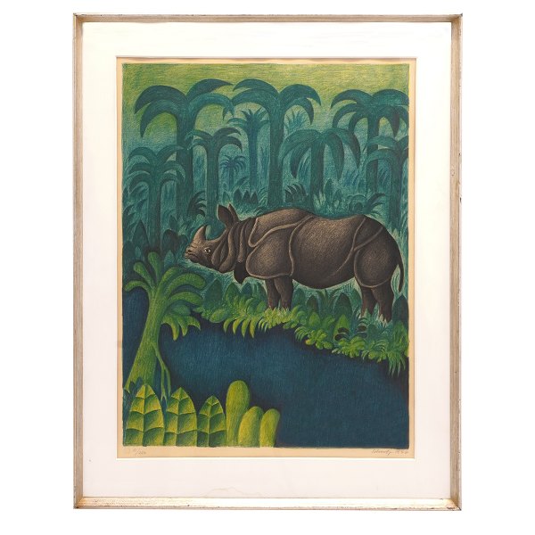 Scherfig litografi næsehorn. Hans Christian Scherfig, 1905-79, litografi. Indisk Næsehorn, 1976. Lysmål: 66x47cm. Med ramme: 78x59cm